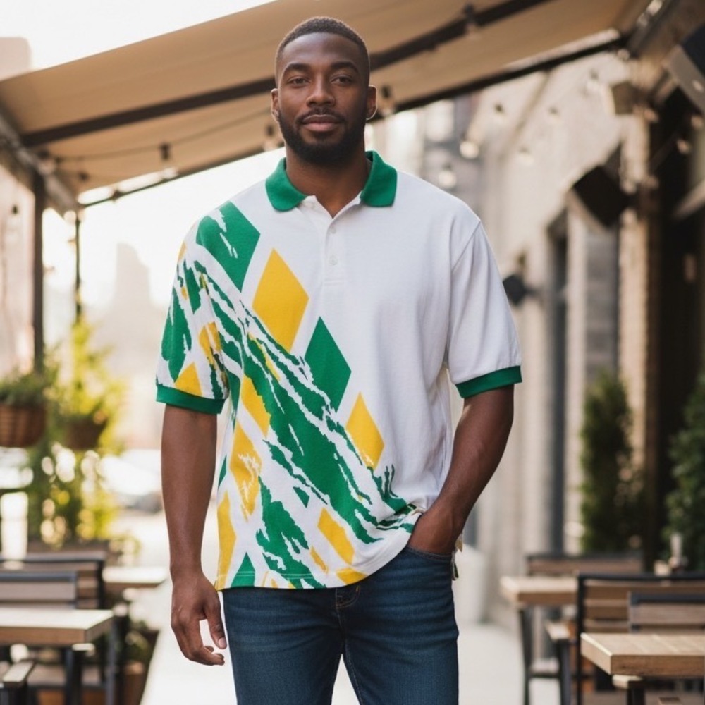Vintage Sea Palms by Hartwell Polo Shirt 2XL Green Yellow White Abstract 90s USA